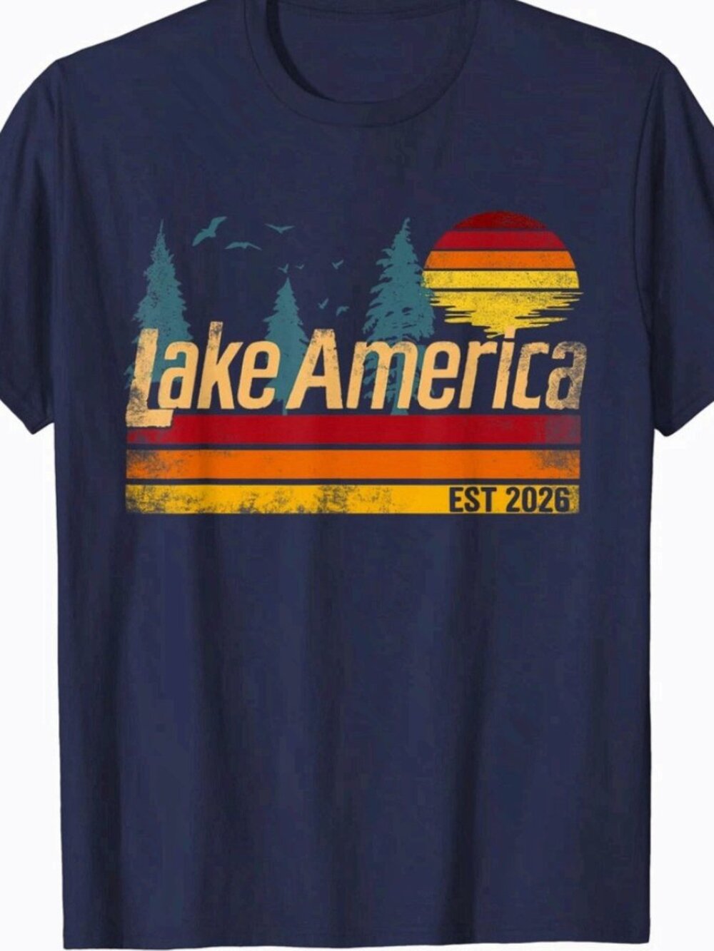 Lake America Est.2026 Vintage Sunset Pine Trees Navy Blue Cotton T-Shirt